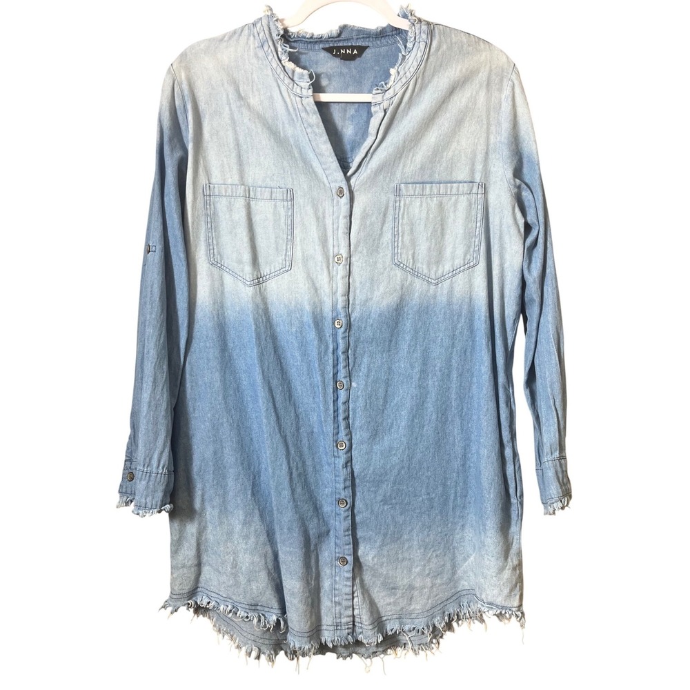 J. NNA‎ Long Sleeve Button Down Ombré Denim Tunic Shirt Frayed Hem Small Boho